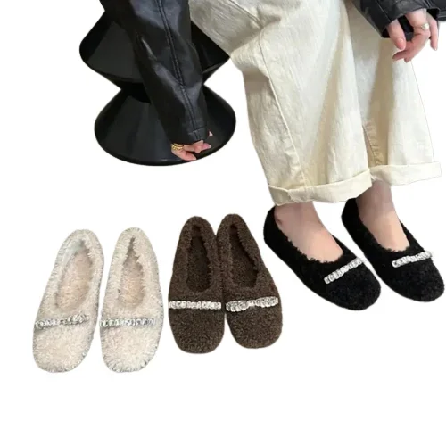 

Luxury Rhinestone Wool Flats Beading Flats shoes Woman Furry Loafers Female Round Toe Crystal Brand Wool Fur Ballet Shoes