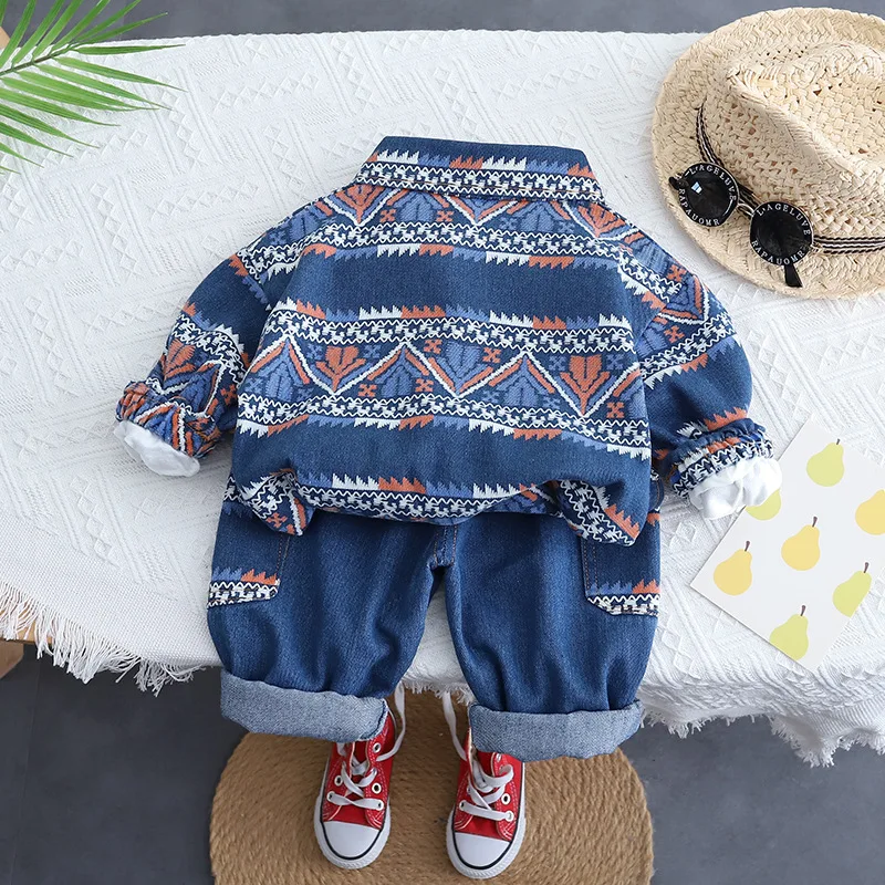 Spring Autumn Children Baby Boys 3PCS Clothes Set Printed Shirts Geometric Patterns Denim Coat Jeans Suit Toddler Boys Outfits