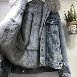 Faux Fur Denim Coat for Women, Detachable Collar, Imitation Rabbit Fur, Padded Jacket, Single-Breasted Jacket, Winter