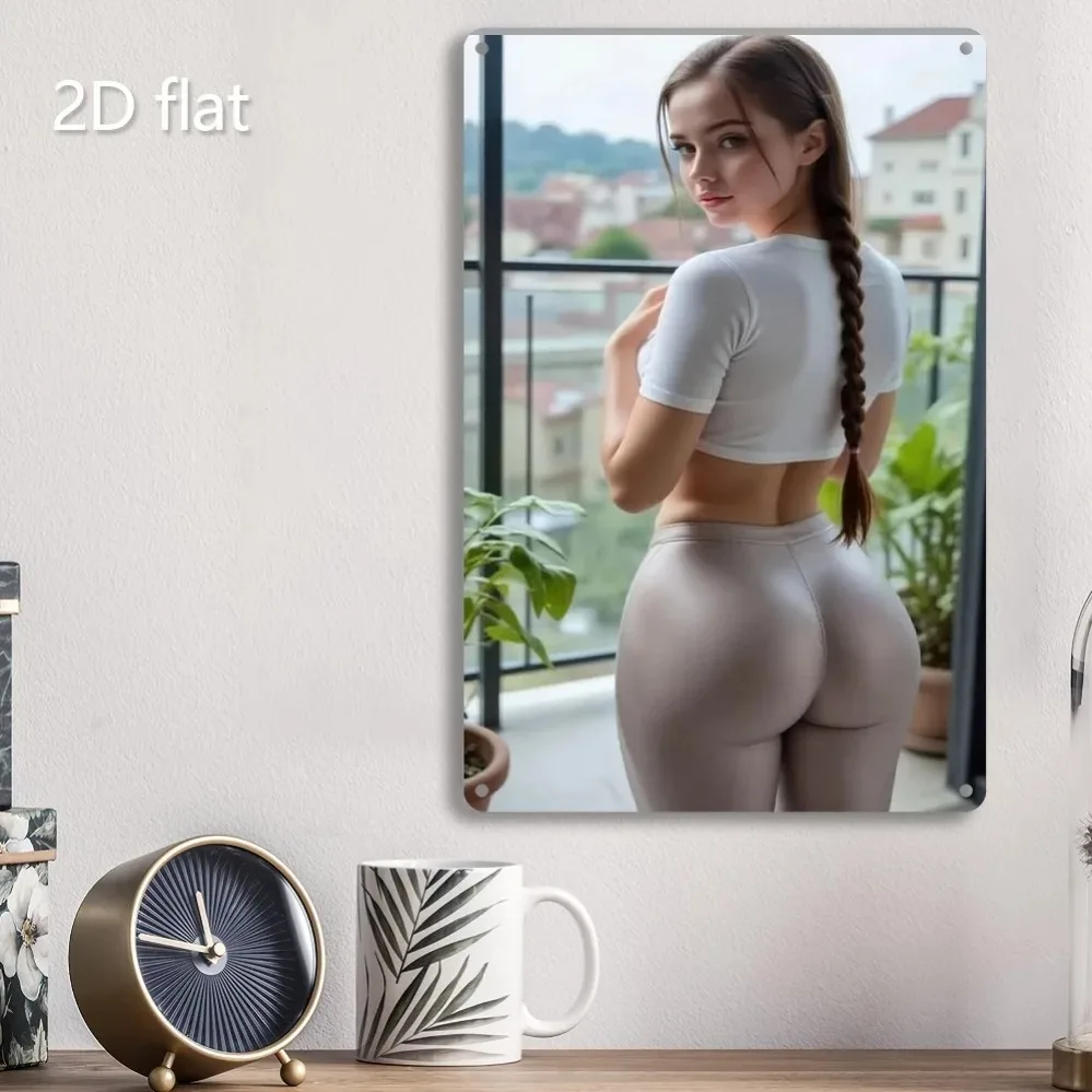 HD Tin Sign Fitness Girl in Crop Top & Leggings 2D Flat Vintage Metal Wall Art Decor for Home Bar Man Cave