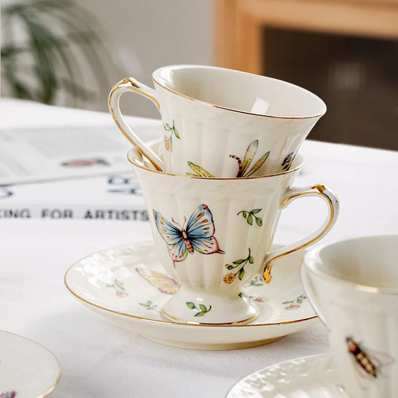 European Insect  Fruit Pattern Ceramic Coffee Cup and Saucer Set Household Drinking Utensils Vintage High Foot Cup Saucer Teapot