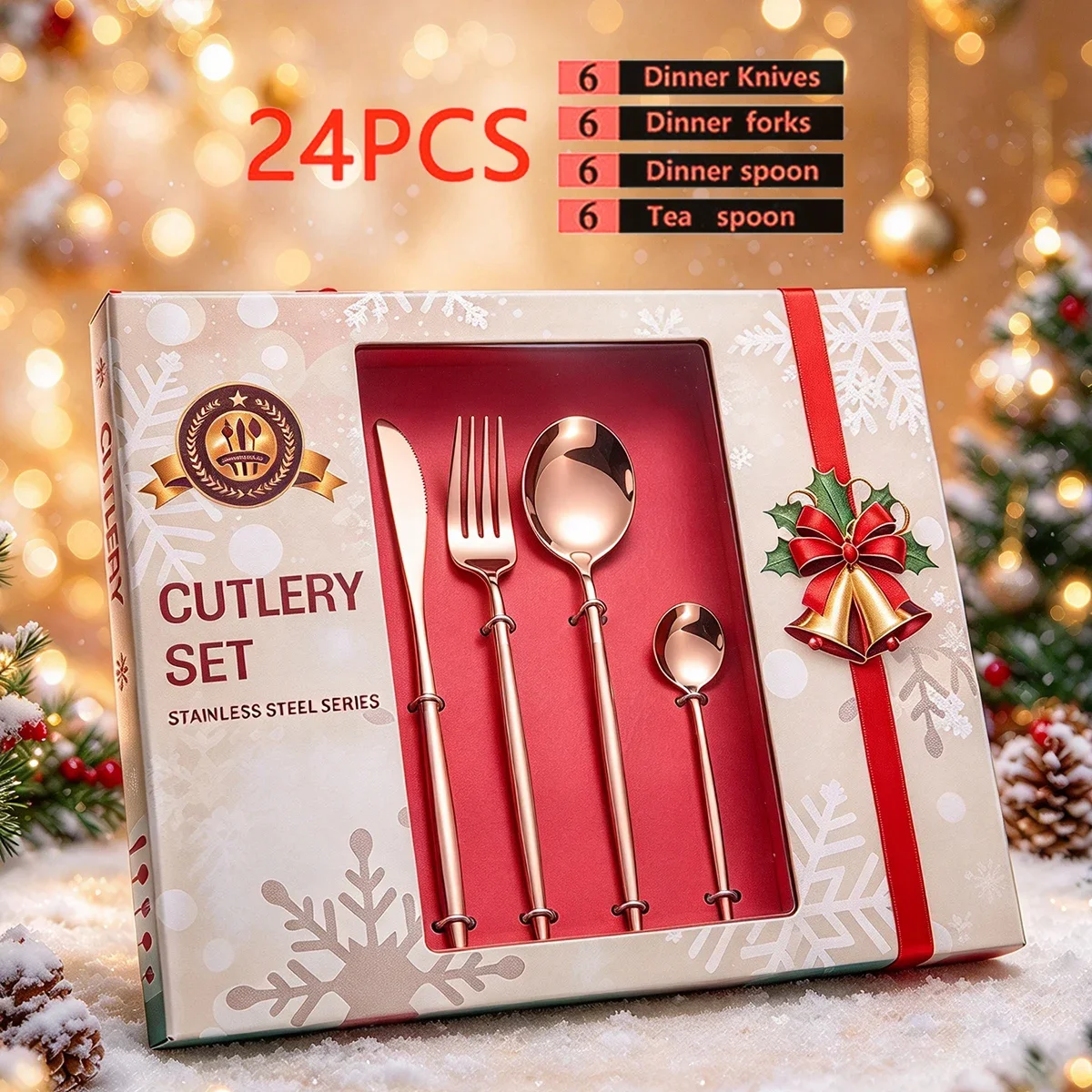 6 Person Flatware Set 24Pcs Mirror Polished Stainless Steel Cutlery Set Festive Gift Package Western Tableware for Dinner Party