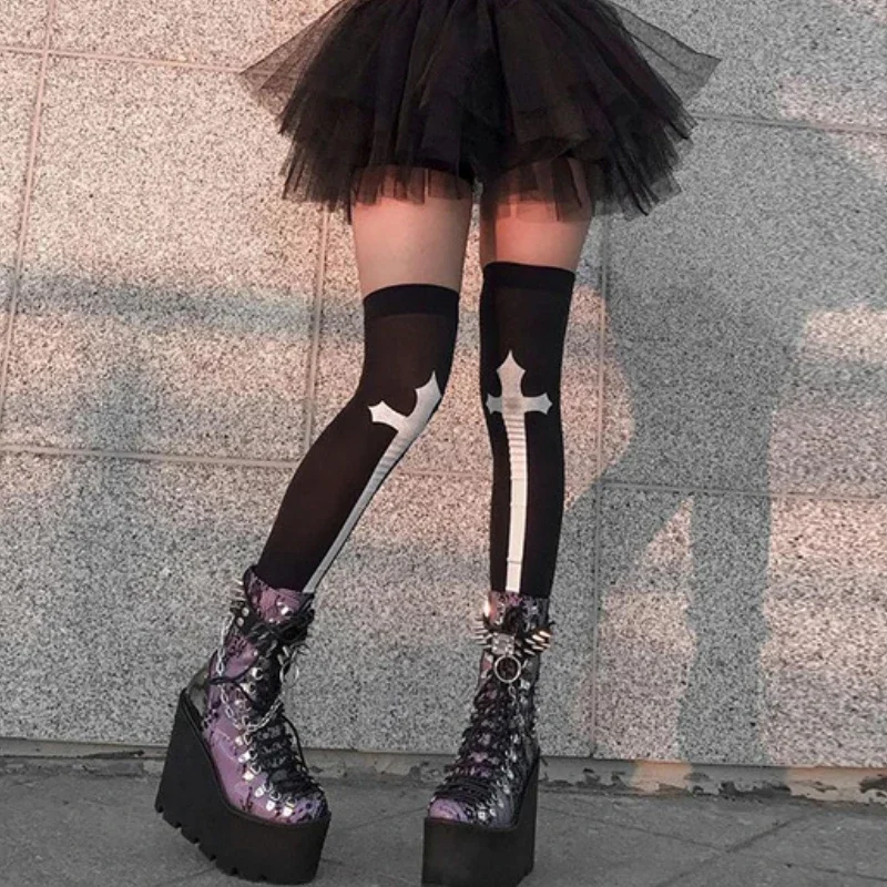 Bas croisés Punk Harajuku pour femmes, chaussettes hautes noires pour filles, bas gothiques foncés Y2K, bonneterie de fête de festival, chaussettes longues au genou Lolita