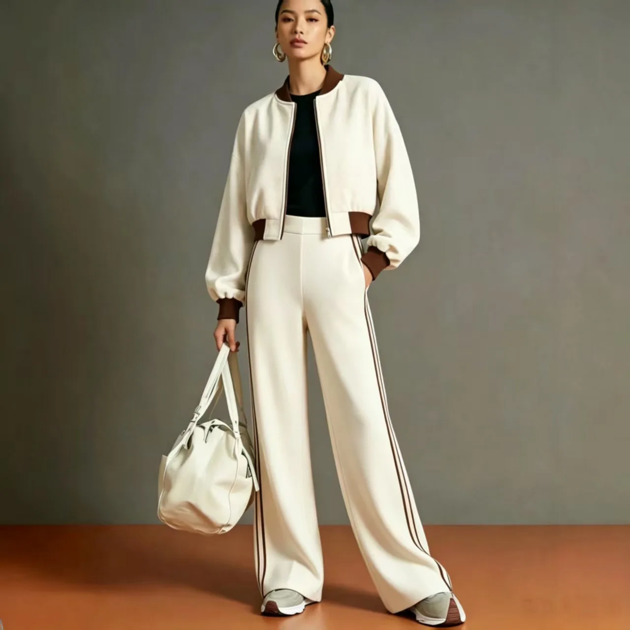 2026 women's clothing autumn and winter new casual contrasting striped zipper jacket trousers two-piece set