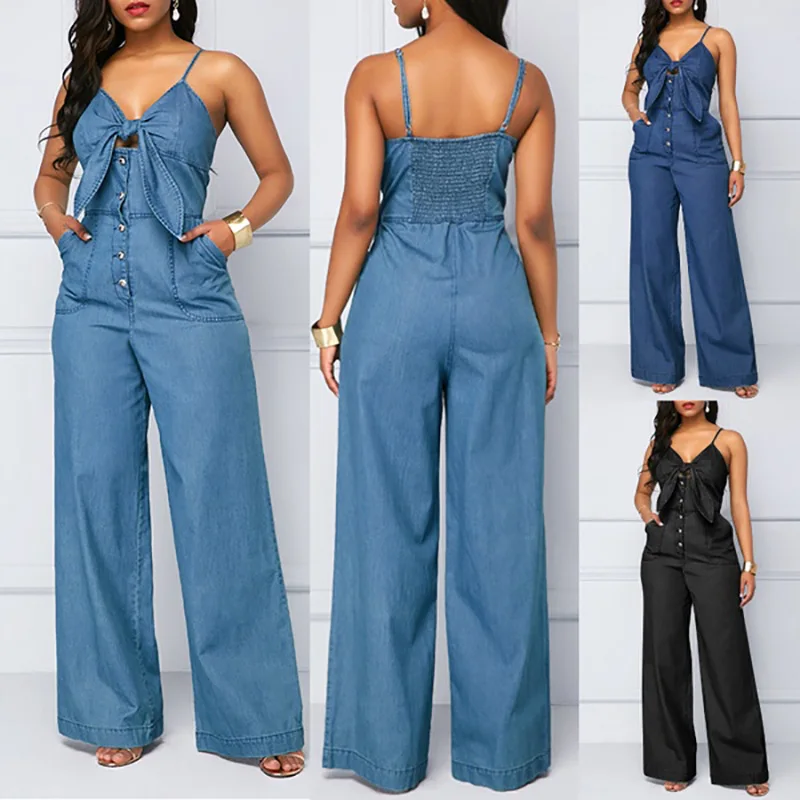 

2023 Summer Women Denim Jumpsuit Fashion High Waist Wide Leg Long Pants Romper Front Tie Knotted Jeans V-neck Overalls Playsuits