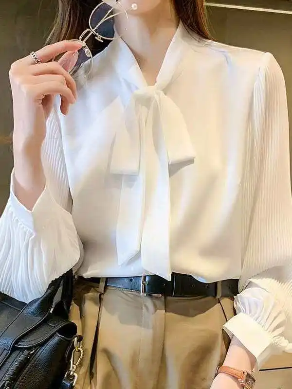 

Женская шифоновая блузка с длинными рукавами и бантом, белая, для офиса, с рукавами-фонариками, из тонкого материала, с длинным шарфом на шею, весна