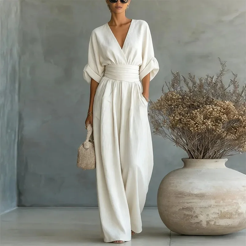 Summer New Elegant Commuter Women Loose Solid Color Wide Leg Jumpsuit