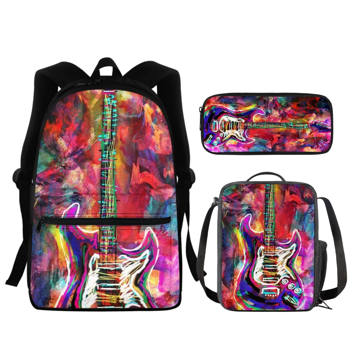 FORUDESIGNS-bolsas de libros con diseño de llama de guitarra para estudiantes, estuche de lápices, bolsa de almuerzo Diagonal de hombro, Mochila portátil de música, 3 unids/set