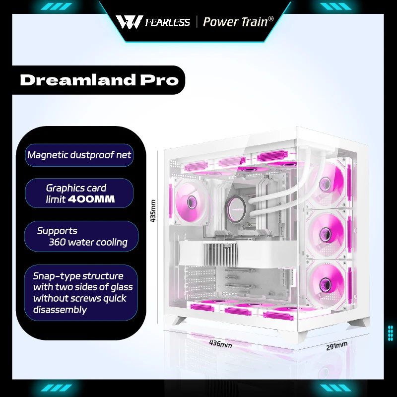 Power Train Dreamland PRO PC Gaming Case ATX MATX ITX Sea View Room Double-Sided Glass Computer Case 360 Water-Cooled Gabinete