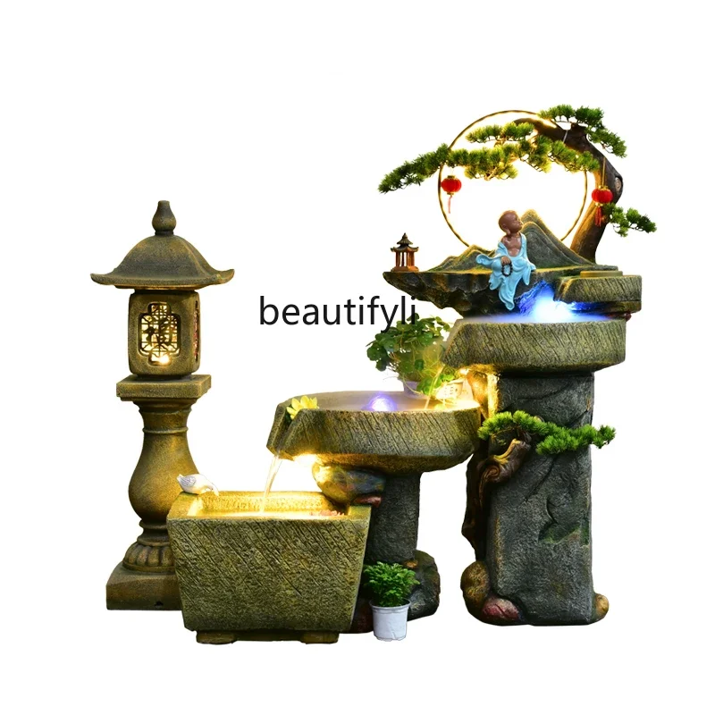 

Chinese rockery fountain flowing water, balcony lucky ornament pastoral landscaping view Zen root carving, fish pond