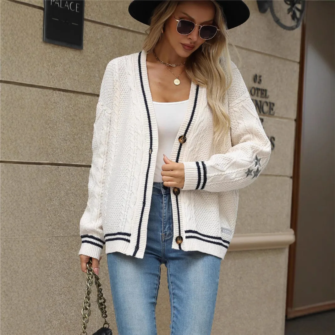 Giacca monopetto beige lavorata a maglia da donna Maglioni larghi con stella ricamata vintage singola Cardigan con petto Top a maniche lunghe