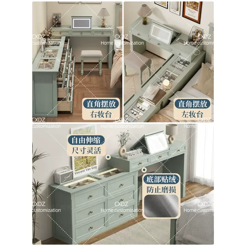 Solid Wood Corner Dressing Table with Glass Jewelry Cabinet and Bay Window Mirror Integrated Chest for Bedroom