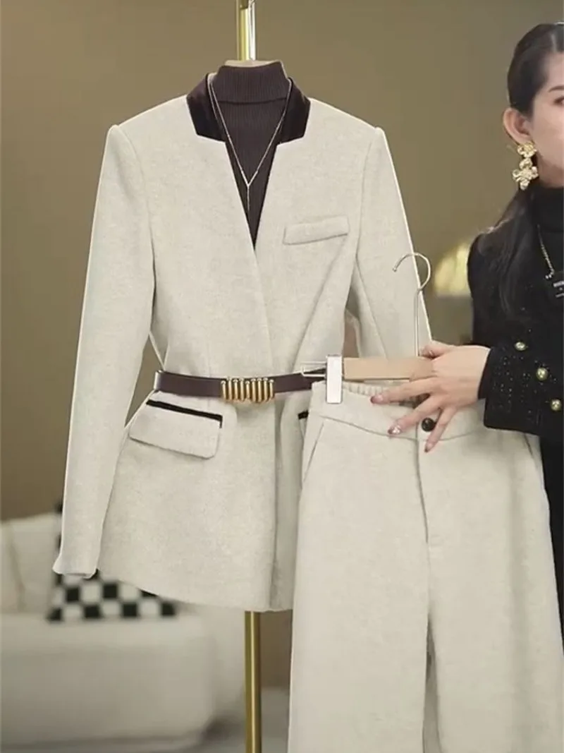 

Новый высококачественный осенне-зимний твидовый комплект из двух предметов, женский модный тонкий пиджак с v-образным вырезом и длинными рукавами + широкие брюки, элегантный костюм