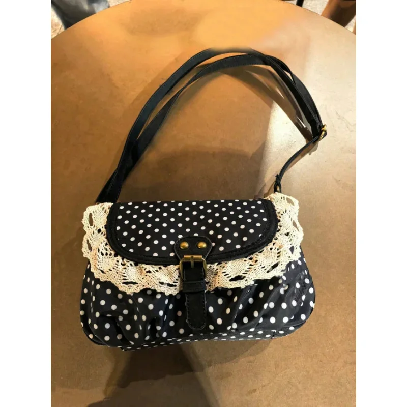 Vintage Korean Polka Dot Women Shoulder Bag 2026 New Lace Trim Canvas Crossbody Bag for Daily Commute School Shopping Travel Use
