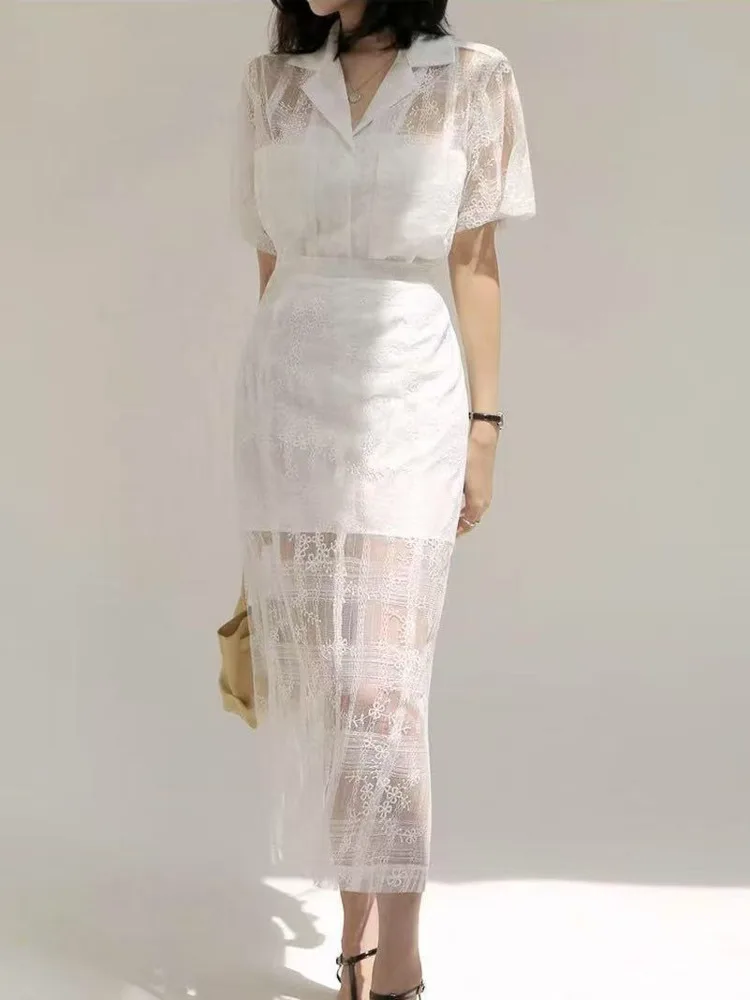 

2025 Ретро кружевная вышивка Ort Sve Irt комплект утягивающей юбки с высокой талией шикарная летняя уникальная прямая юбка с высокой талией из двух предметов