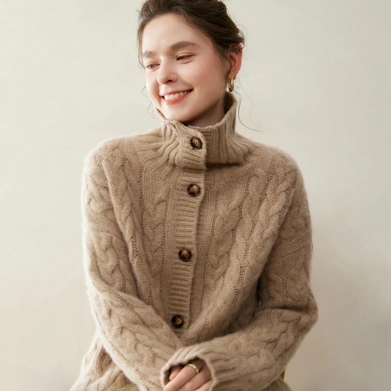 

Осень-зима, толстый свитер из чистого кашемира, женские кардиганы-стойки, верхняя одежда из 100% кашемира, высококачественный свободный тяжелый трикотаж