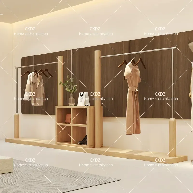Log color clothing store display men's and women's clothing store stainless steel floor-to-ceiling hanging clothes Zhongdao