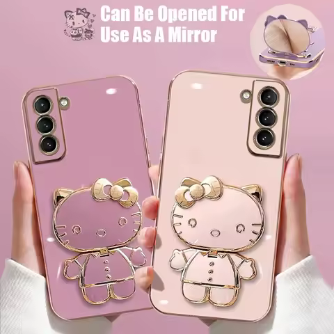 Plating Hello Kitty Case for Samsung Galaxy S24 S23 S22 Ultra S21 S20 FE S10 Note 20 Plus A24 A34 A54 Mirror Holder Stand Cover