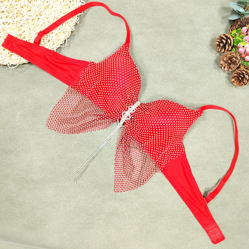 lingerie sexy per adulti da donna personalizzata rete da pesca reggiseno tempestato di diamanti corsetto a farfalla ciondolo a cuore nappa canotta gilet xxxn