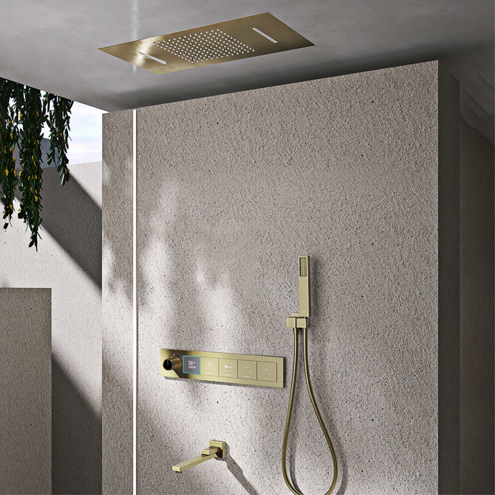 Luxury Brass Shower System, Ceiling Design, Cold Hot Led Digital Display, Constant Temperature Bathroom, Hidden Faucet