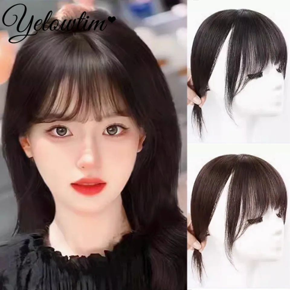 

Real Hair Wig Middle Part Topper Hairpiece with Bangs Clip-In Bangs Extension Natural Invisible Clourse Hairpiece for Women