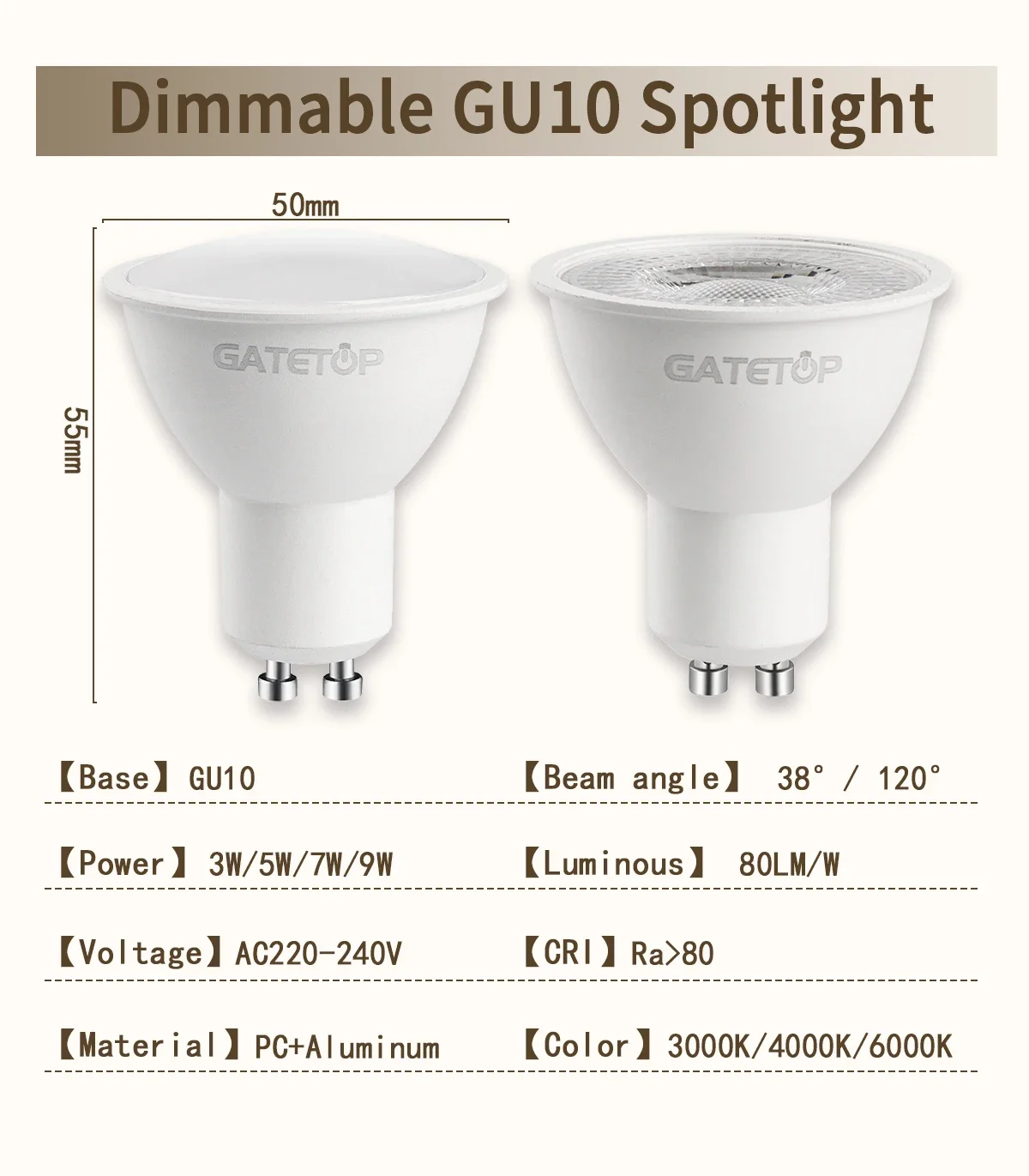 10pcs LED Spotlight GU10 Light Bulb Dimmable 220V 3000K 4000K 6000K 50W Halogen Replacement for Landscape Track Lighting