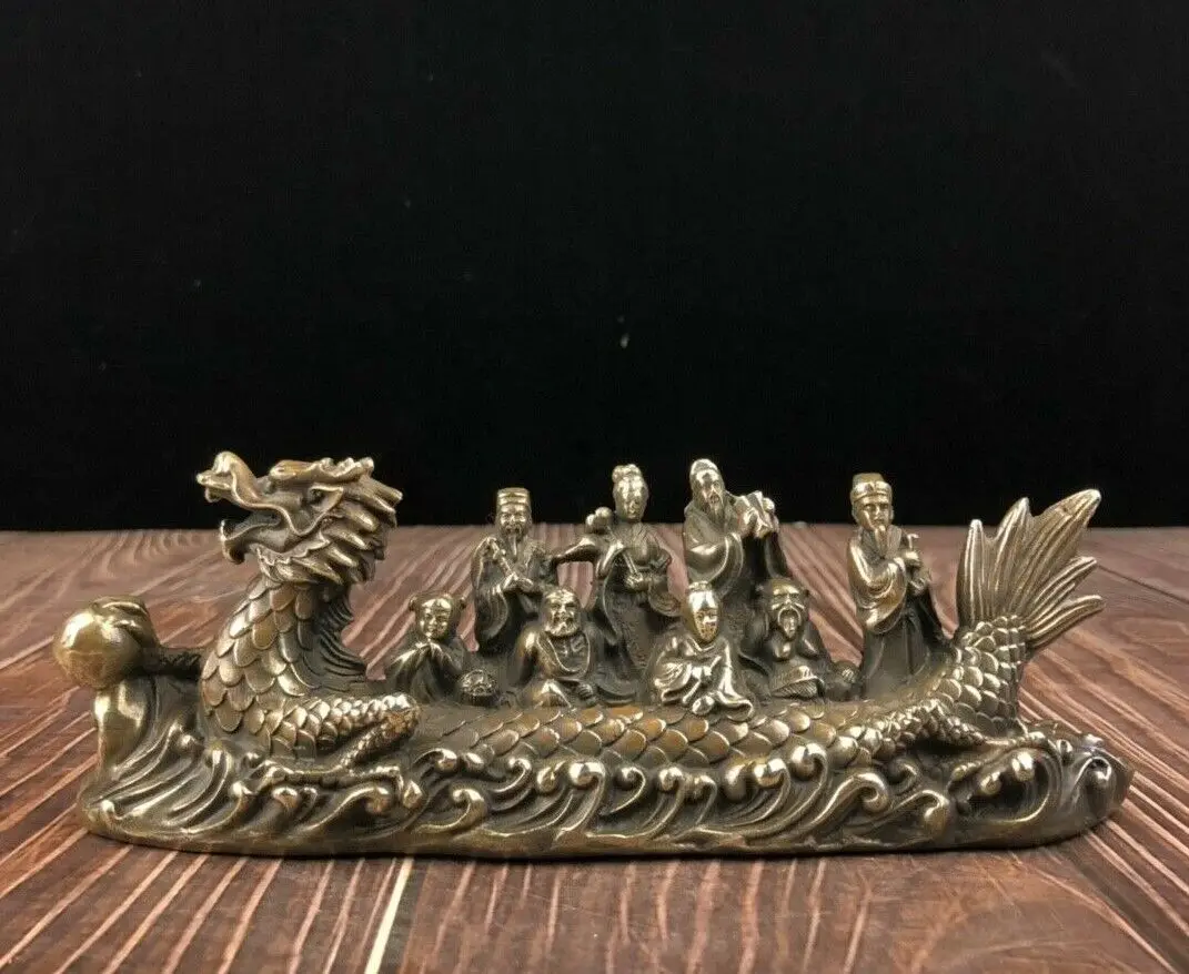 

Collect Chinese feng shui Bronze copper 8 immortals on Dragon Ship Boat statue