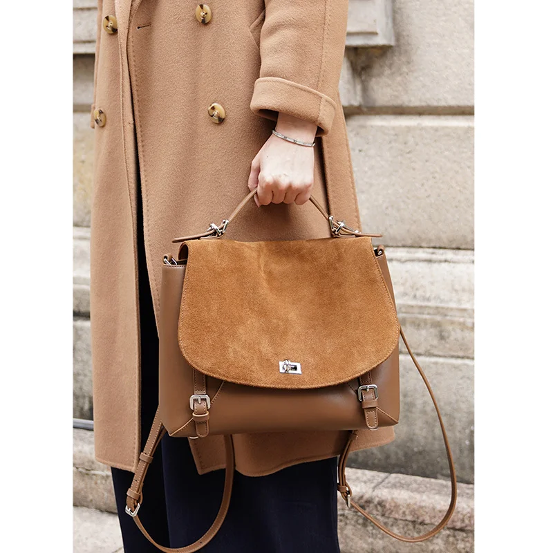 Spring 2026 Women's Fashion Handbag And Backpack Suede Versatile Design High Capacity Genuine Leather Handbag Shoulder Bags