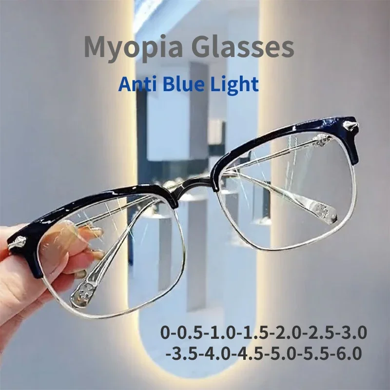 Men's Prescription Glasses Half-frame Silver Black Anti Blue Light Myopia Glasses Trendy Vintage Nearsighted Glasses -1.0 to-6.0