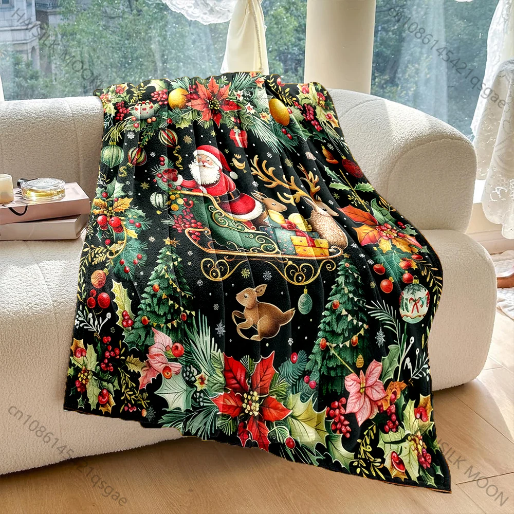 

Christmas atmosphere Santa Claus flower Print Blanket Flannel Material Soft Warm for All Seasons, Home Outdoor Camping Picnics