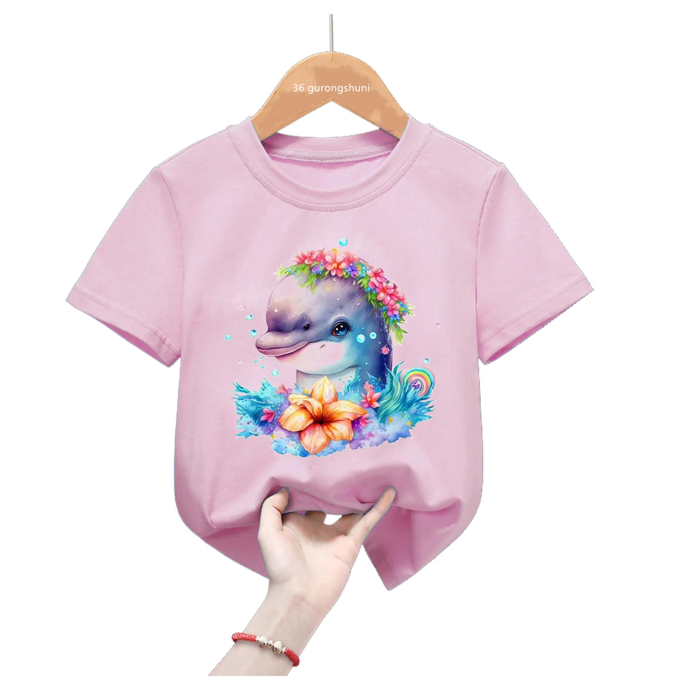 Cute Mouse Flowers Print T Shirt For Girls Lion/Dolphin/Koala/Duck/Bee/Bunny Animal Print Tshirt Summer Kids Clothes T-Shirt