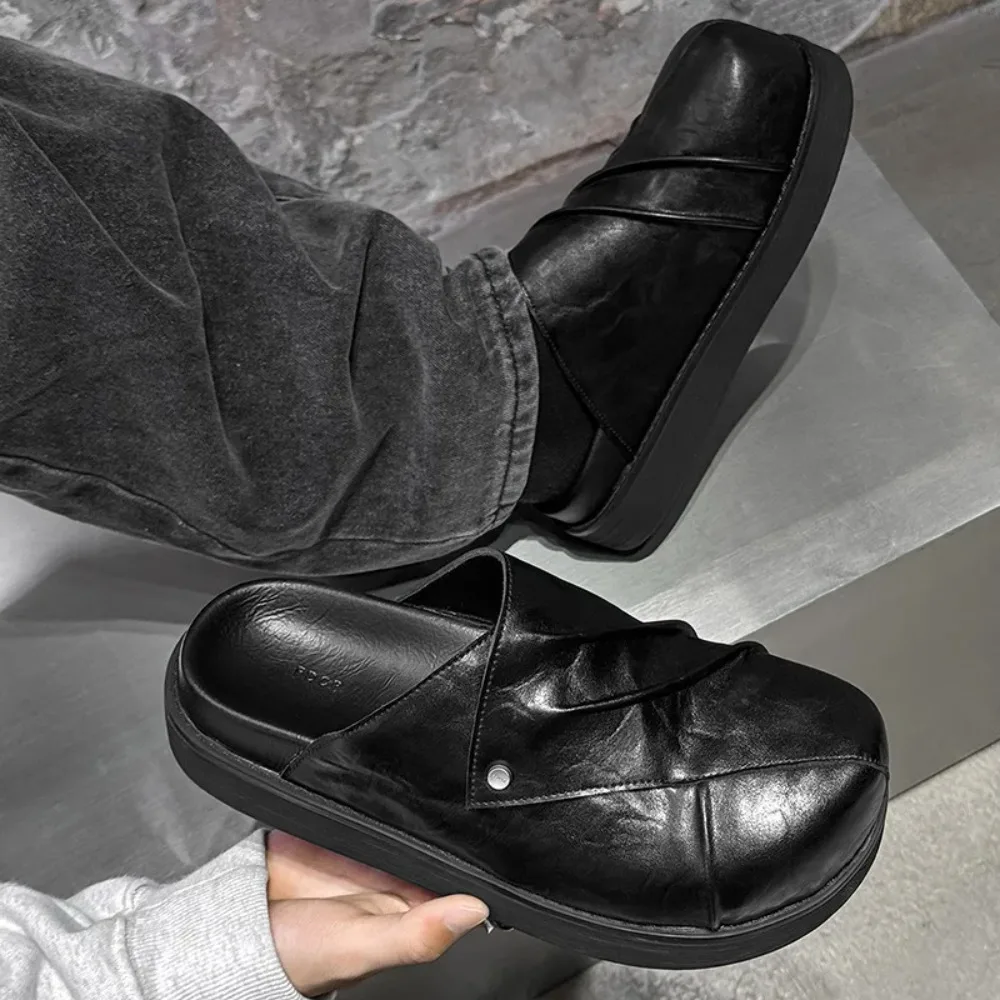 Handmade Half-sole Casual Commuter Men's Birkenshoes Retro Design round Toe Black Flat Slip-on Rubber Sole Leather Upgraded