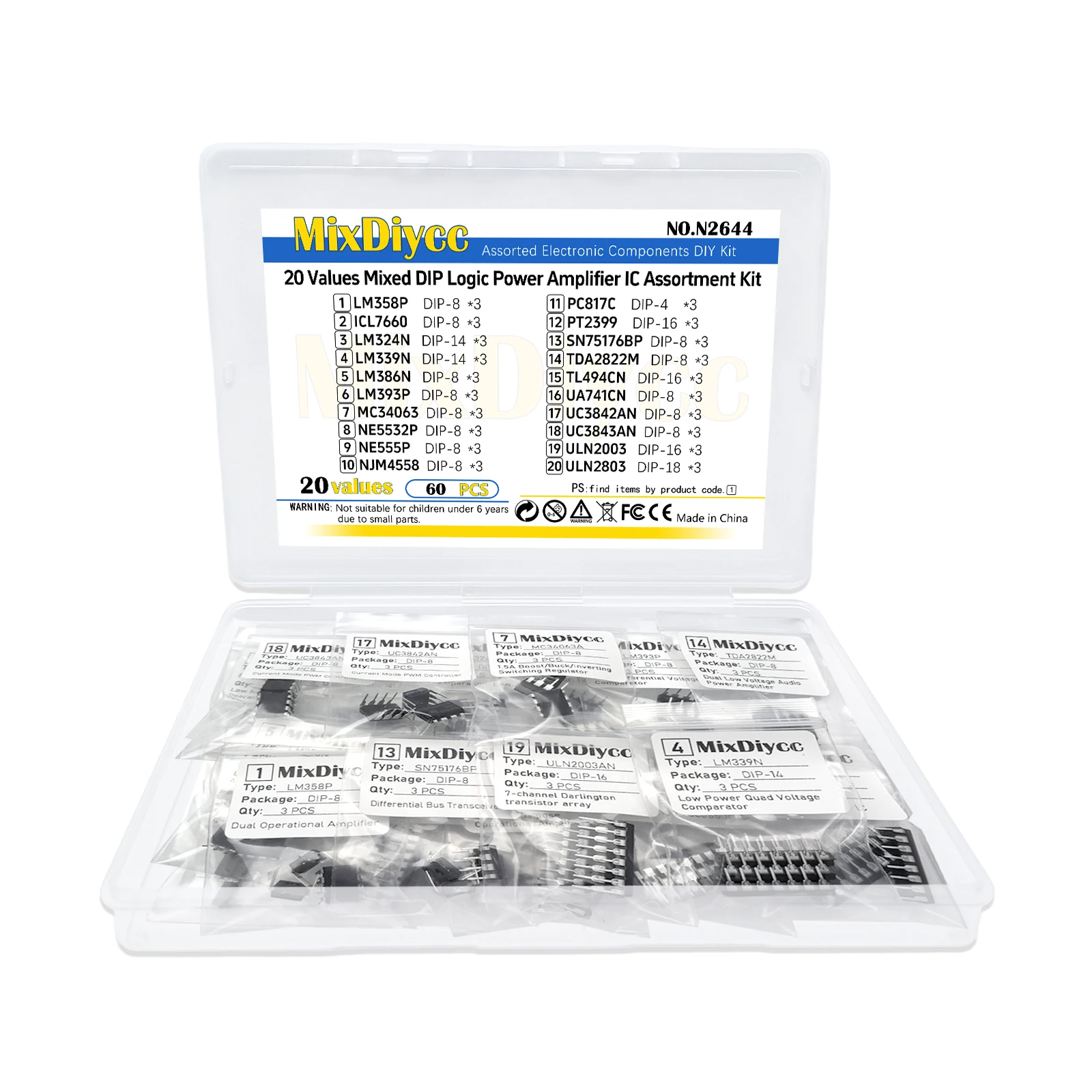 20 Values DIP kit LM358P LM324N LM386N LM393P NE5532P NE555P PC817C PT2399 TDA2822M TL494CN UA741CN UC3843AN ULN2003AN 60 Pcs