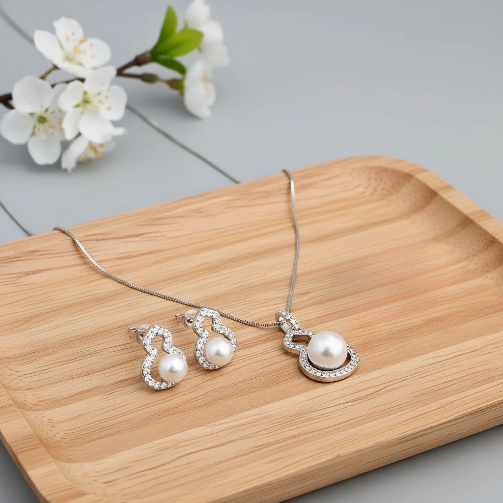 

3pcs Elegant Vintage Jewelry Set for Women Silver Gourd Pearl Necklace Shiny Crystal Choker Bridal Wedding Earrings Party