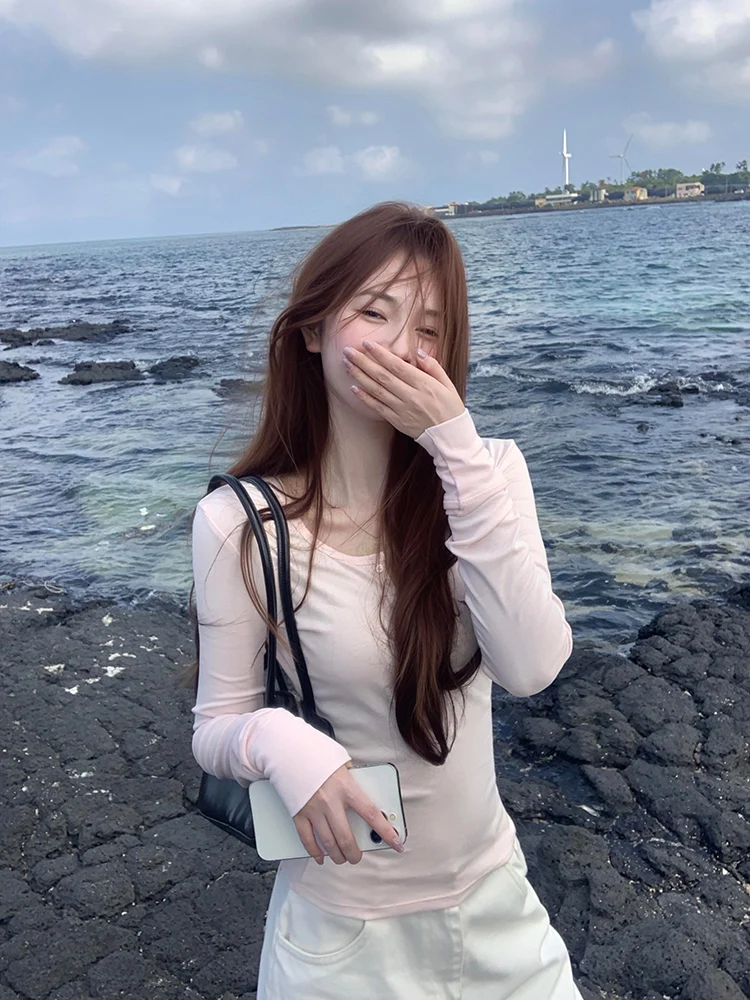 Slim Fit largo Sve Henry Collar Base irt ropa interior camiseta para mujeres coreano Sle Pure Desire otoño Top BM tendencia