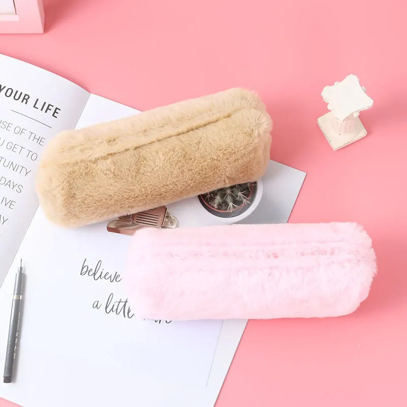 Cute Solid Color Plush Pencil Case For Girls Pencil Bag Stationery Pencilcase Kawaii School Supplies