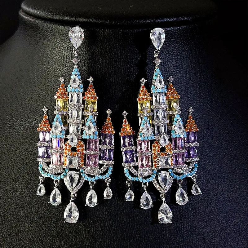 Fantasy Castle Long Drop Earrings Multi Cut Purple And Clear Cubic Zirconia Silver Tone Earrings For Ladies
