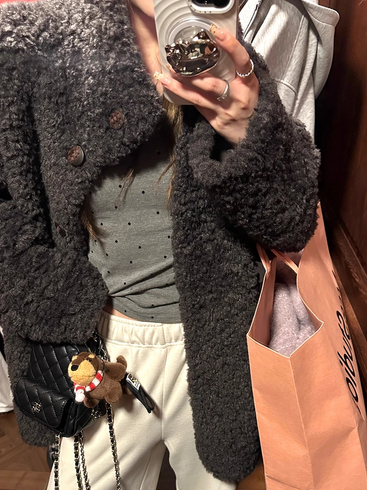 

Lamb Wool Jacket For Woman Snap Button Front Closure Quick Release Fast Access Easy Operation Practical Function Utility Design