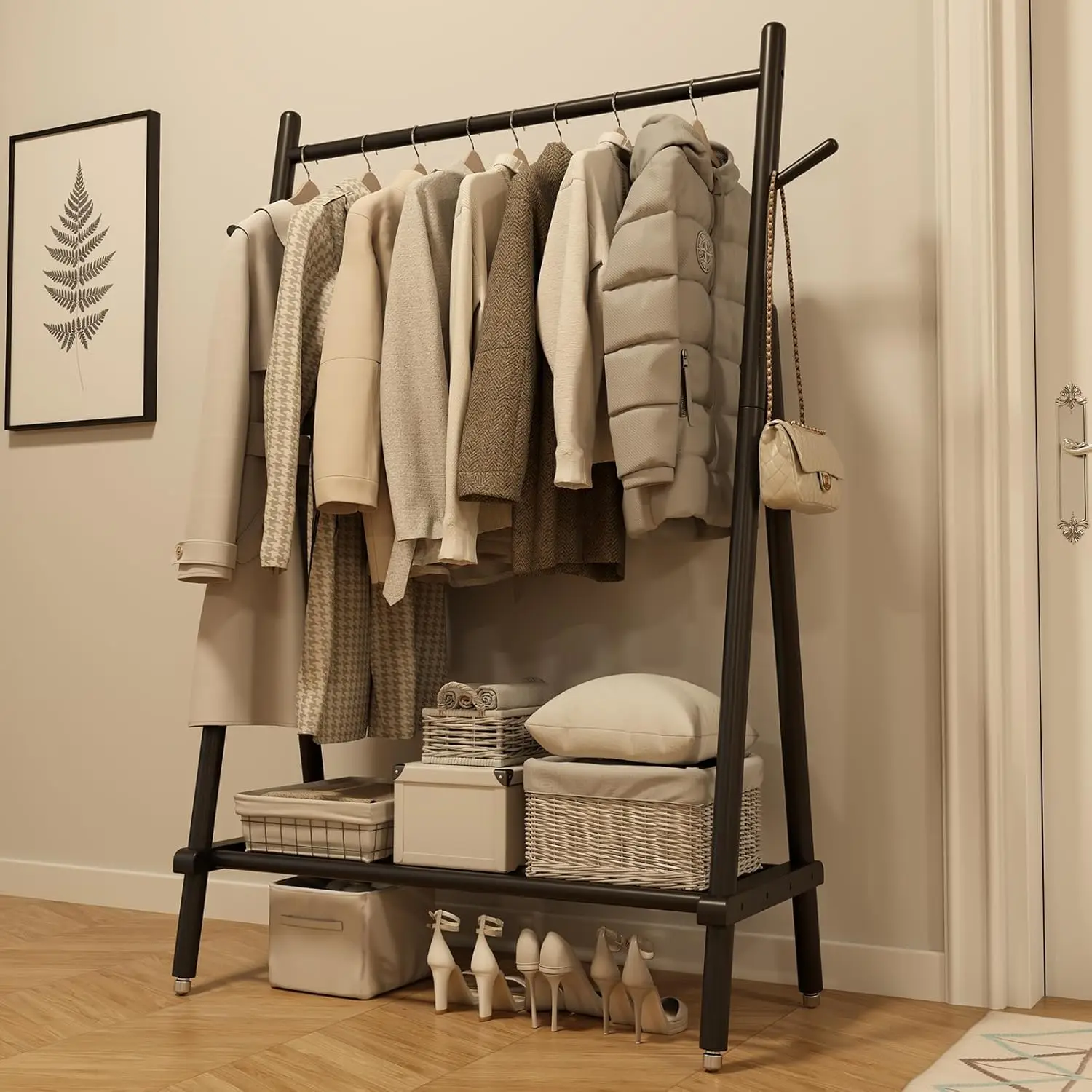 

Solid Wood Clothing Rack, Rolling Clothes Rack for Hanging Clothes, Garment Rack with Shelves Load 350 Lbs, Portable Closet O