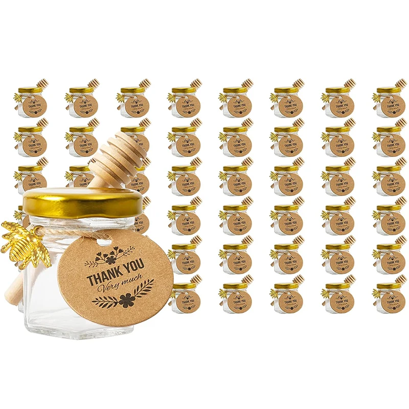 1.5oz 20Pack Mini Glass Hexagon Canning Jars With Gold Lid Bee Honeybee Honey Dipper Sticks Wedding Party Favors DIY Crafts