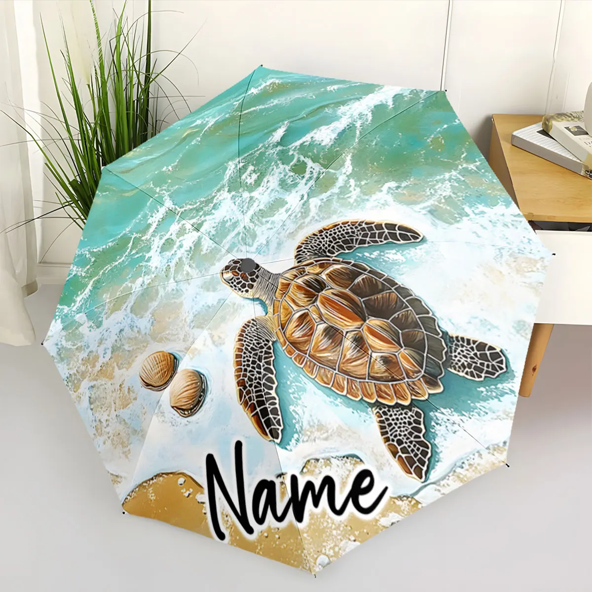 Custom Name Umbrella Ocean Dreams: Turtle Umbrella Art Print 8 Iron Ribs Folding Umbrella Auto-Open Fashion Sunshade