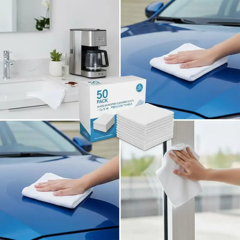 

Microfiber Cleaning Rags 12 x 12 in For Kitchen Household Vehicle, 50 Pack Bulk Soft Texture Absorbent Lint-Free White Multi-Surface Towels High Density Weave Professional Grade Reusable Cloths