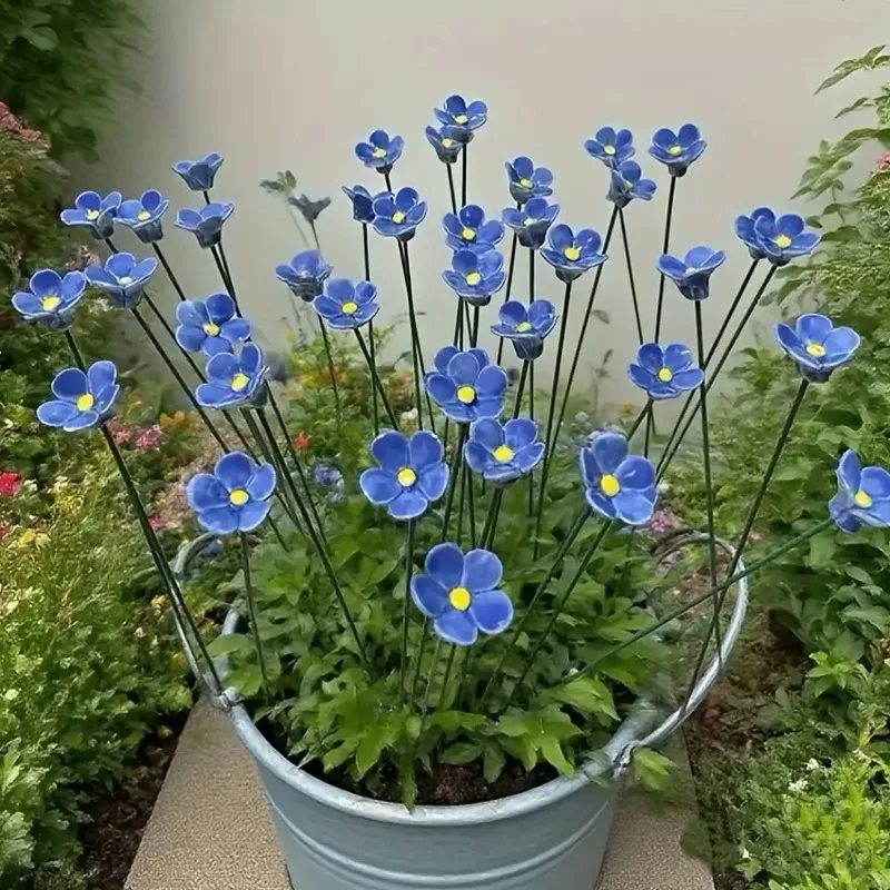 Blue Ceramic Forget-Me-Not Artificial Flowers, 14.56-Inch Fade-Resistant, for Indoor and Outdoor, Decorating Vases, Lawns