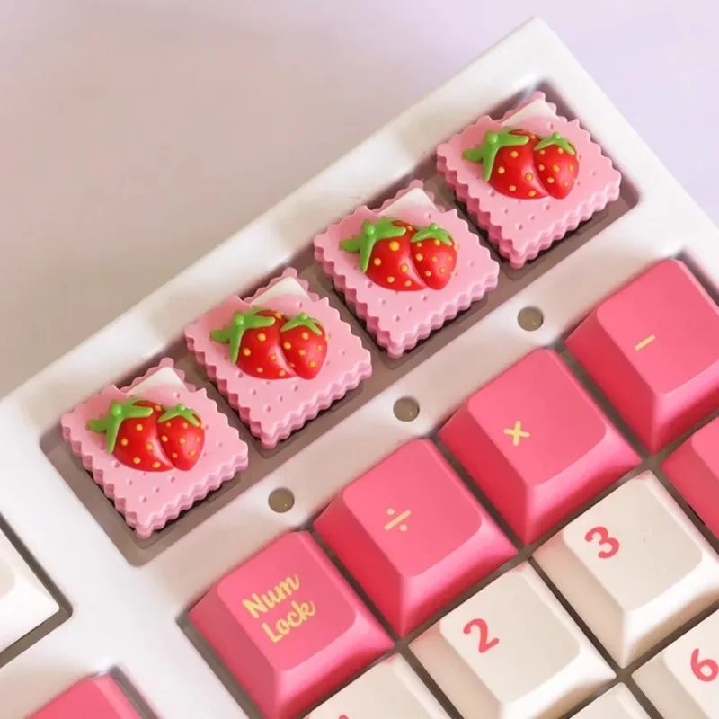 Gourmet Theme Strawberry Biscuit Keycaps Resin Artisan Keycaps for Mechanical Keyboard Accessories Custom Cute Pink Key Caps