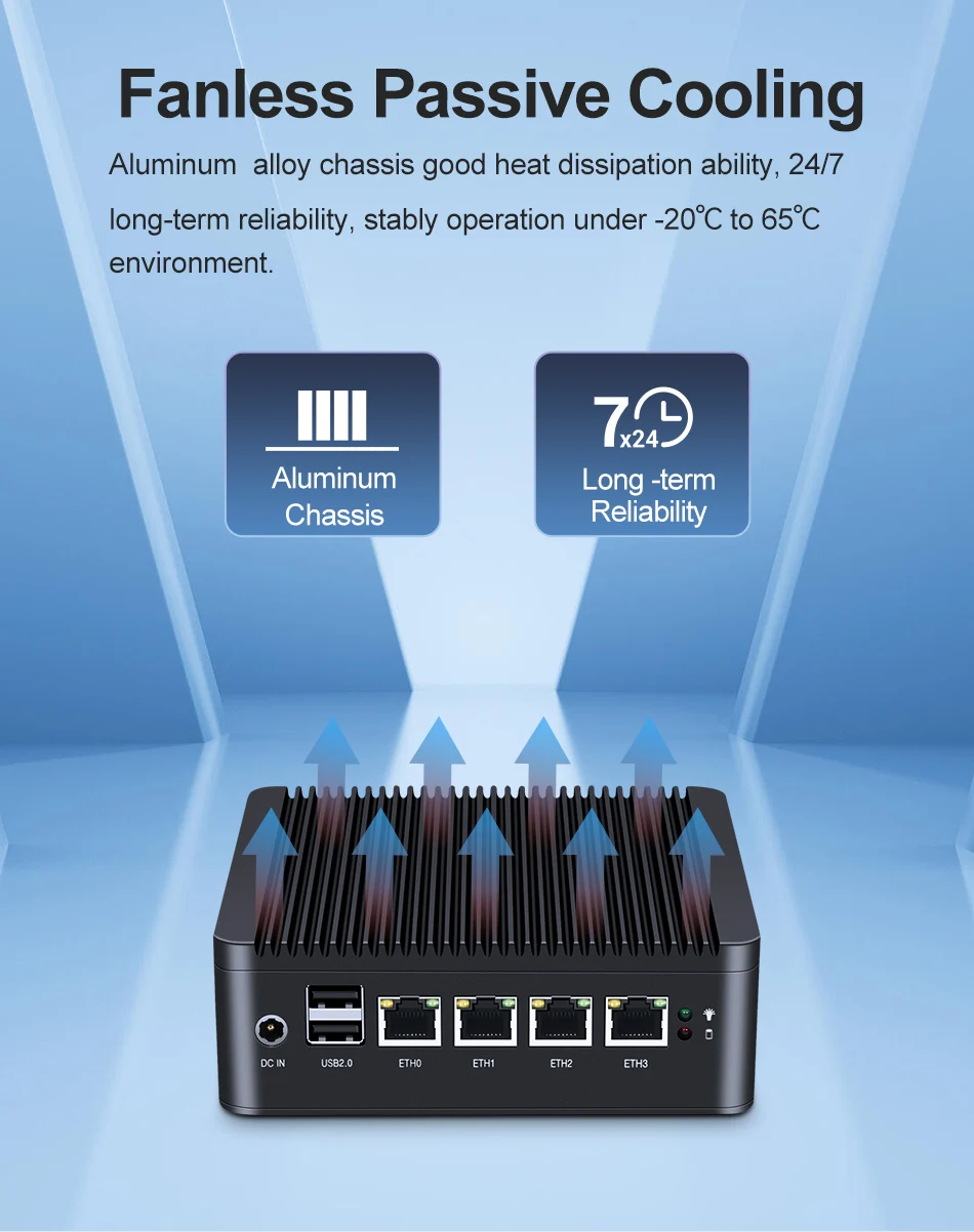 Fanless Mini PC Firewall Router Intel Celeron J1900 N2830 4x 2.5G Ethernet Support Windows Linux Pfsense OpenWrt