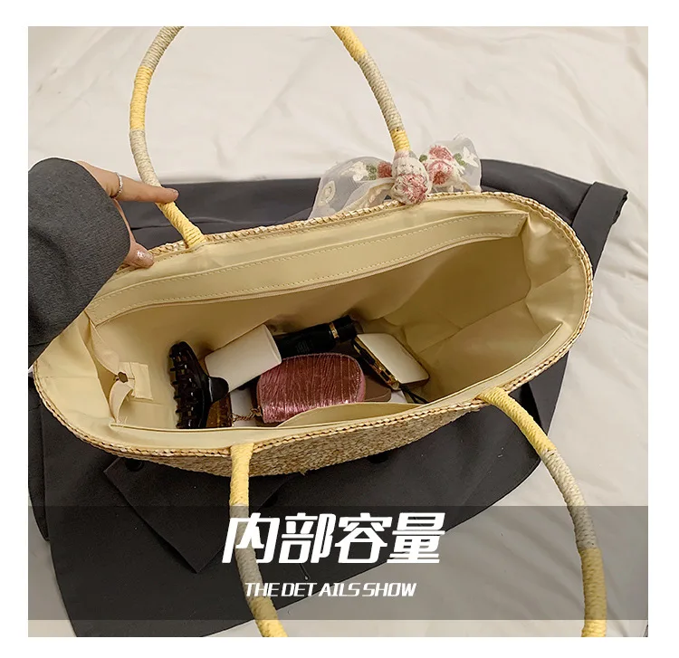 Lemon Embroidered Bow Straw Woven Handbag 2024 Fashion Versatile Vacation Style Woven Women's Bag Trendy Commuter Shoulder Bags