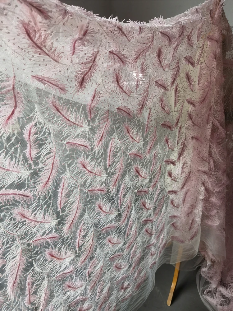 Pink Feather Mesh Fabric Embroidered Soft for Diy Sewing Designer Lace Dress Antique Attire Hanfu Fashion Clothing Cloth