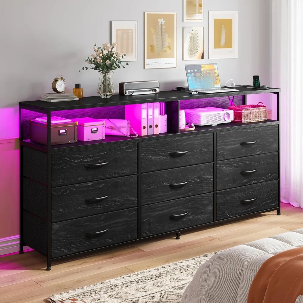 55” W Dresser for Bedroom with Power Outlet & LED Lights 65