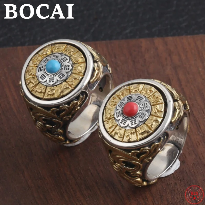 BOCAI S925 Sterling Silver Rings for Men Women Turquoise Twelve Zodiac Signs Nine Palaces Eight Trigrams Argentum Jewelry