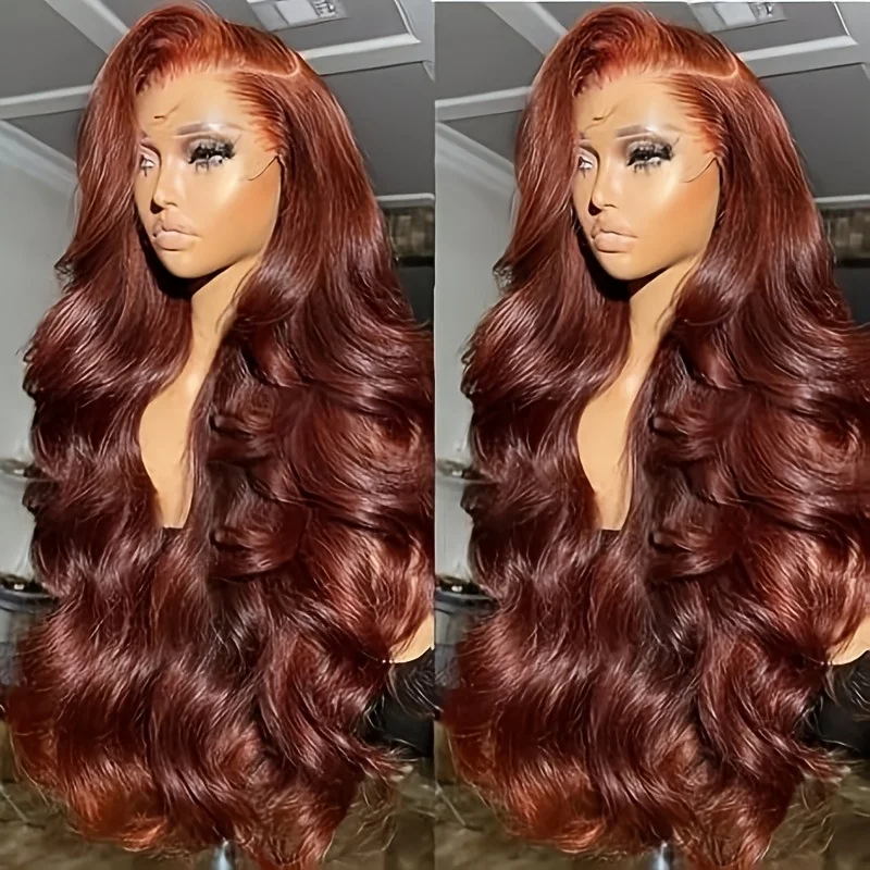 

Red Brown Body Wave 200 Density 13x4 Frontal Glueless Wig Brazilian Virgin Hair HD Transparent Lace Pre plucked Human Hair wigs